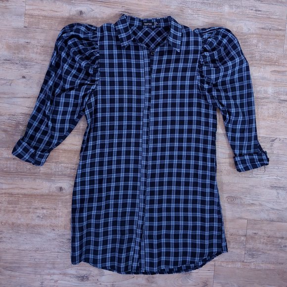 WORN ONCE ASOS BooHoo Blue Plaid Leg of Mutton Sleeve Buttondown Shirt Dress 80s - Picture 5 of 9